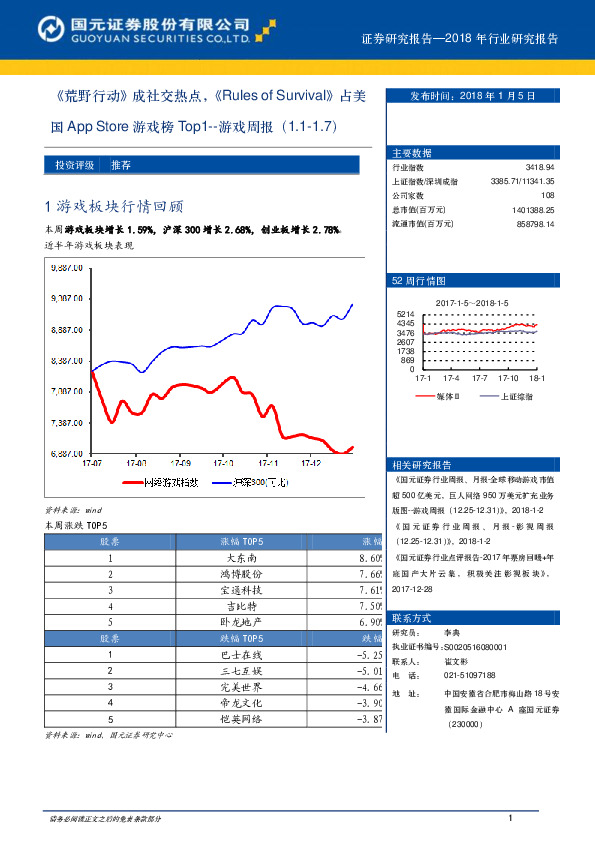 游戏周报：《荒野行动》成社交热点，《Rules of Survival》占美国App Store游戏榜Top1
