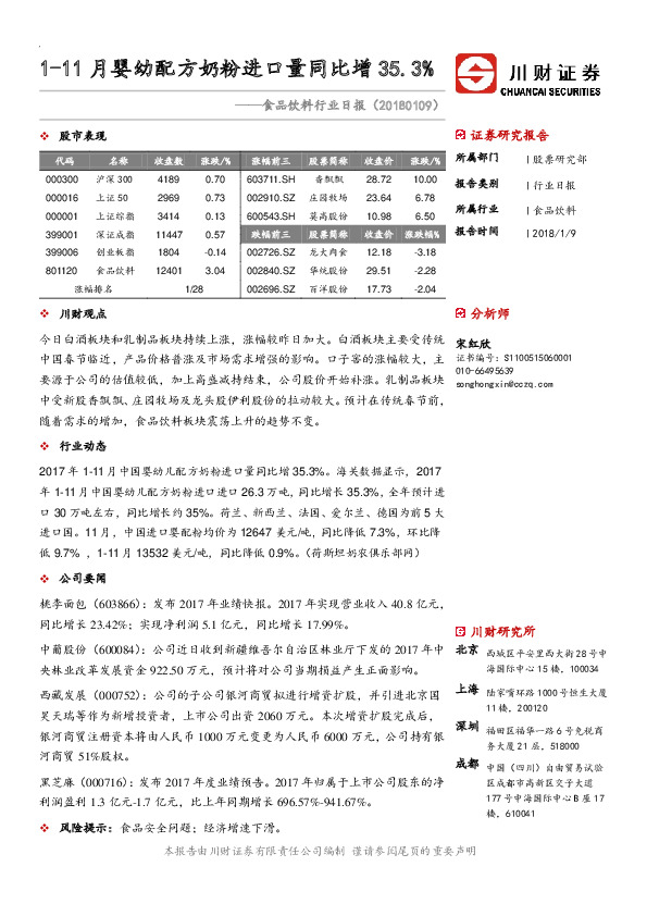 食品饮料行业日报：1-11月婴幼配方奶粉进口量同比增35.3%