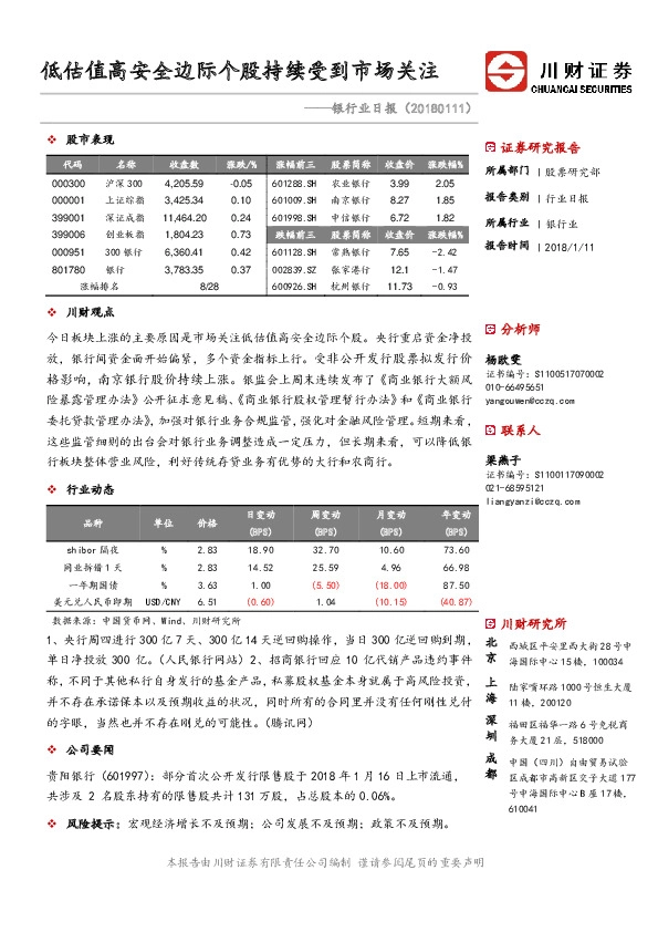 银行业日报：低估值高安全边际个股持续受到市场关注