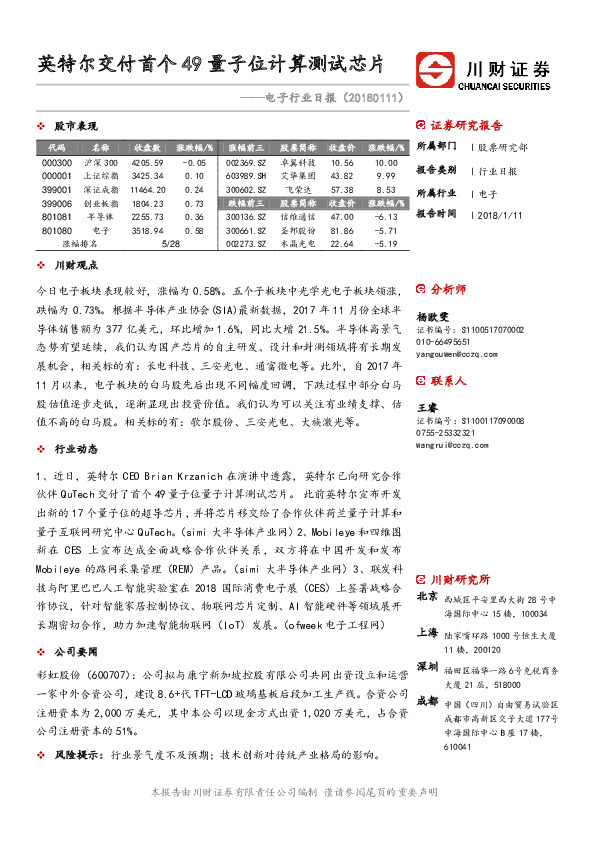电子行业日报：英特尔交付首个49量子位计算测试芯片