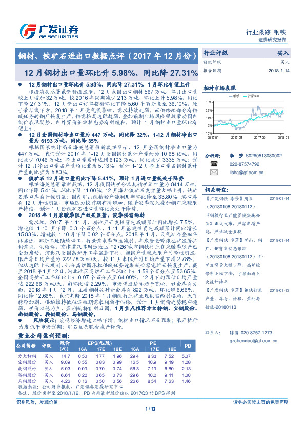 钢材、铁矿石进出口数据点评（2017年12月份）：12月钢材出口量环比升5.98%、同比降27.31%