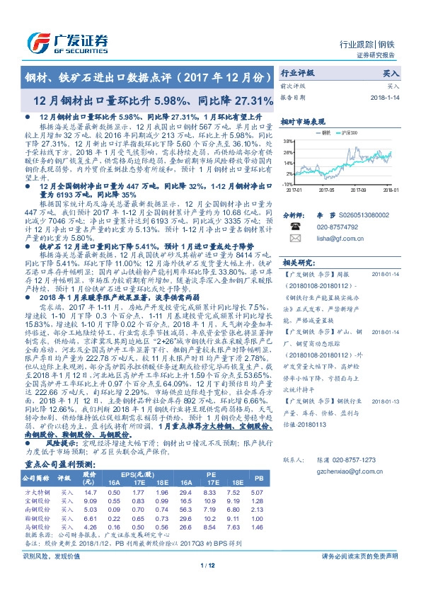 钢材、铁矿石进出口数据点评（2017年12月份）：12月钢材出口量环比升5.98%、同比降27.31%