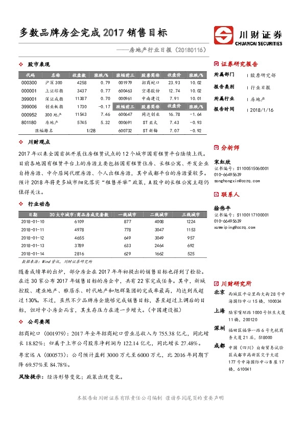 房地产行业日报：多数品牌房企完成2017销售目标