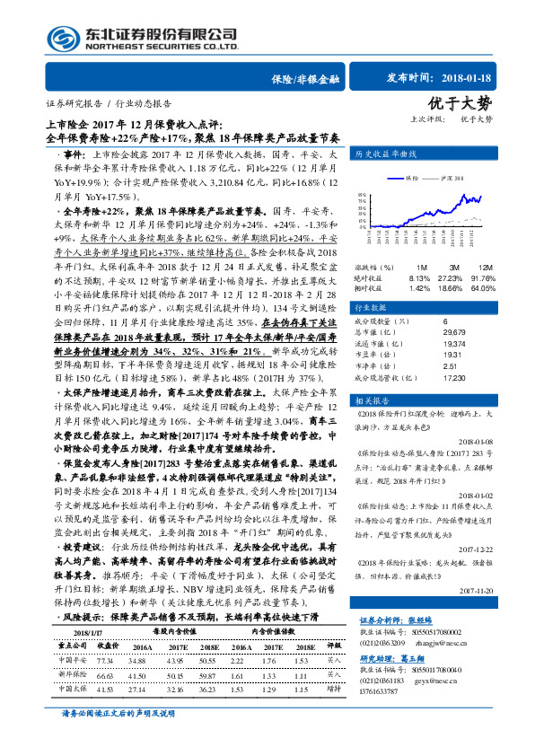 上市险企2017年12月保费收入点评：全年保费寿险+22%产险+17%，聚焦18年保障类产品放量节奏