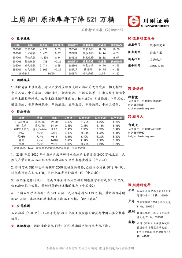 石化行业日报：上周API原油库存下降521万桶