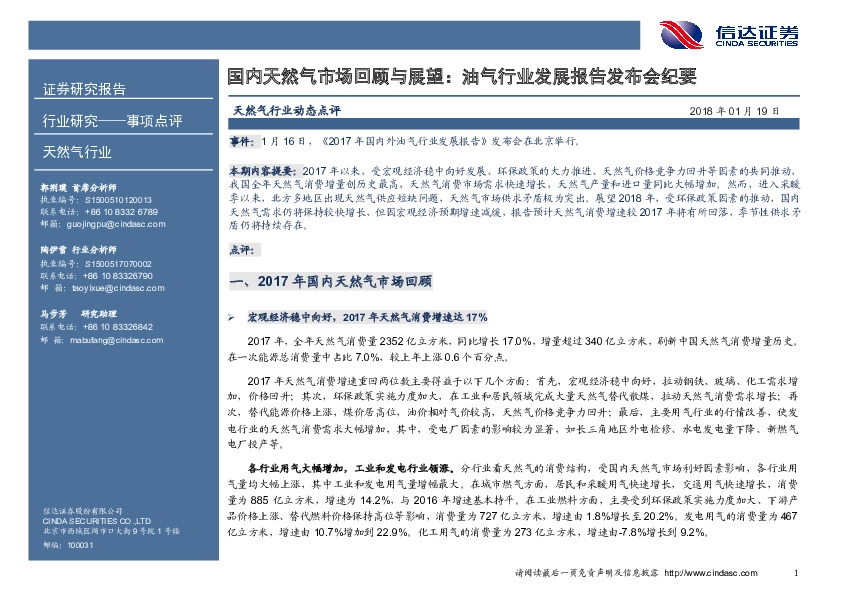 国内天然气市场回顾与展望：油气行业发展报告发布会纪要