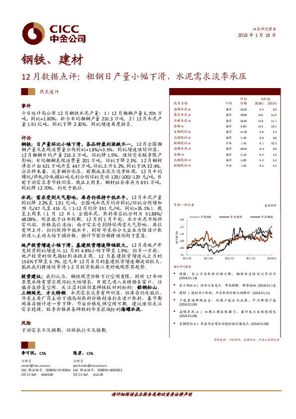 钢铁、建材12月数据点评：粗钢日产量小幅下滑，水泥需求淡季承压