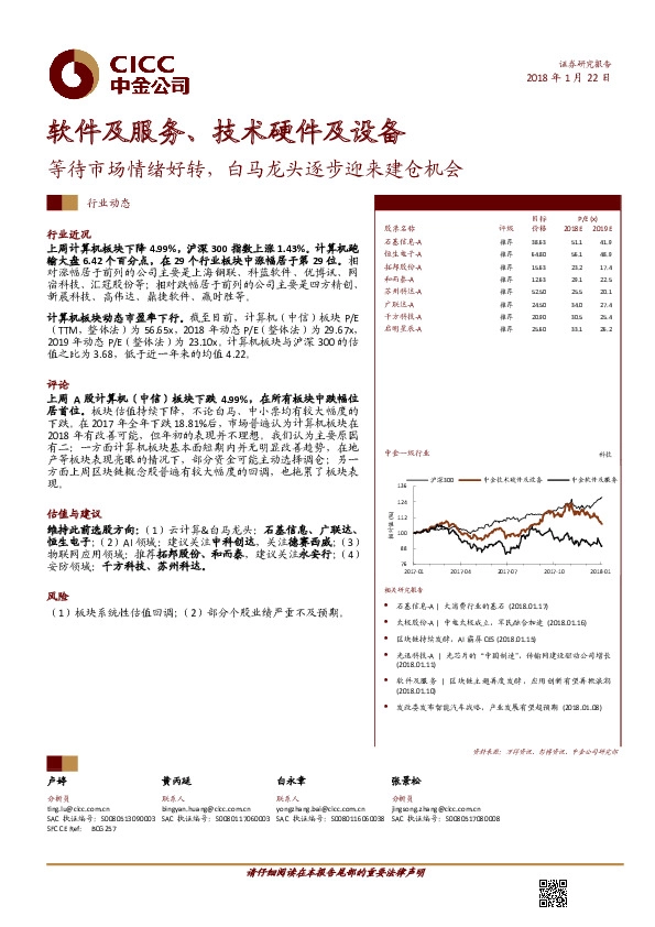 软件及服务、技术硬件及设备：等待市场情绪好转，白马龙头逐步迎来建仓机会
