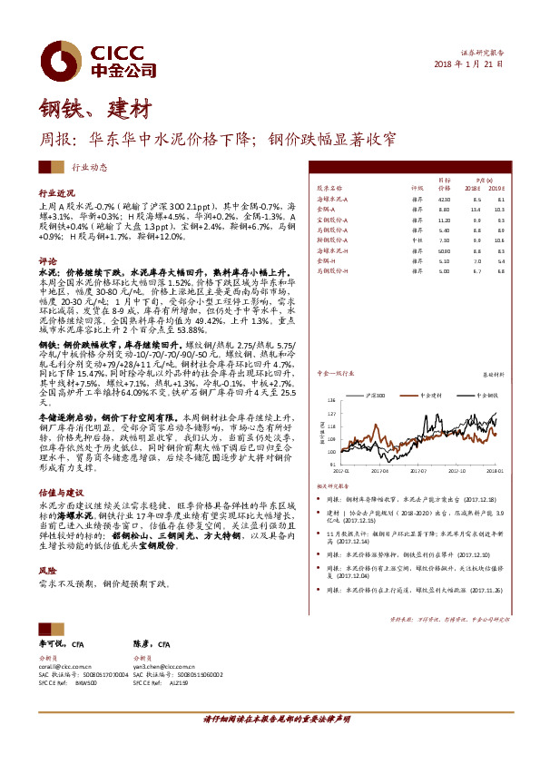 钢铁、建材周报：华东华中水泥价格下降；钢价跌幅显著收窄