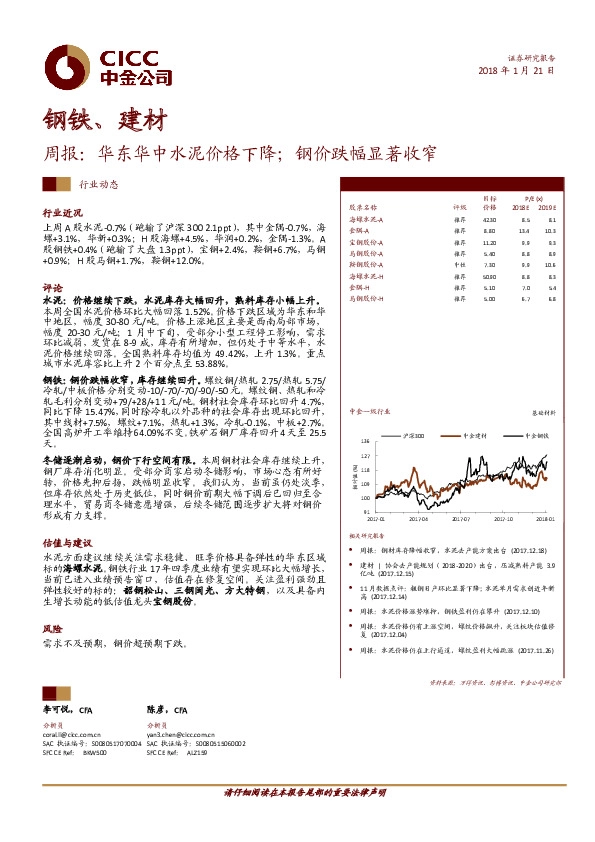 钢铁、建材周报：华东华中水泥价格下降；钢价跌幅显著收窄