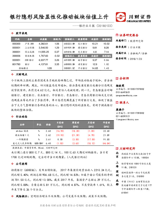 银行业日报：银行隐形风险显性化推动板块估值上升