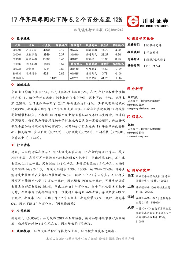 电气设备行业日报：17年弃风率同比下降5.2个百分点至12%
