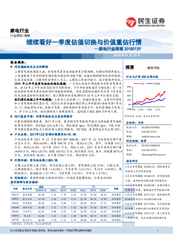 家电行业周报：继续看好一季度估值切换与价值重估行情