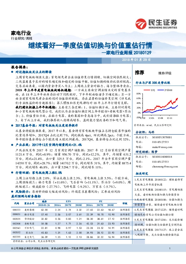家电行业周报：继续看好一季度估值切换与价值重估行情
