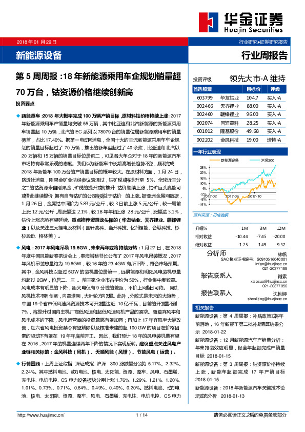 新能源设备第5周周报：18年新能源乘用车企规划销量超70万台，钴资源价格继续创新高