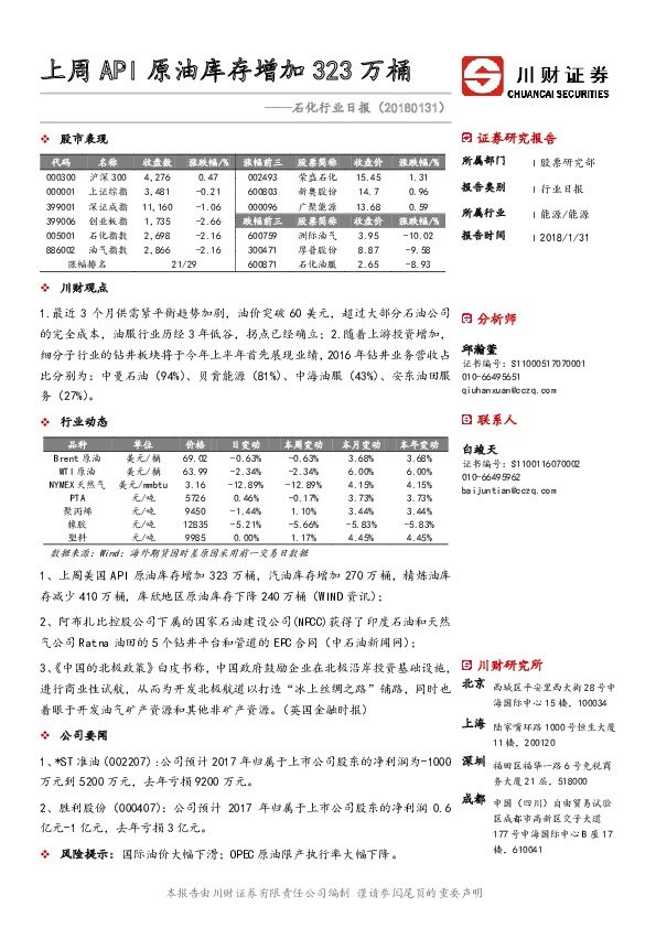 石化行业日报：上周API原油库存增加323万桶