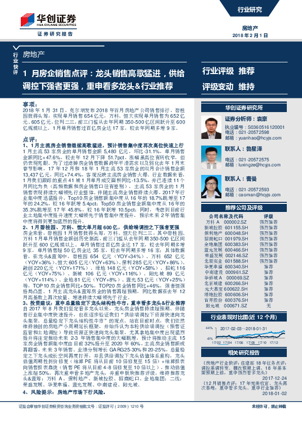 1月房企销售点评：龙头销售高歌猛进，供给调控下强者更强，重申看多龙头&行业推荐