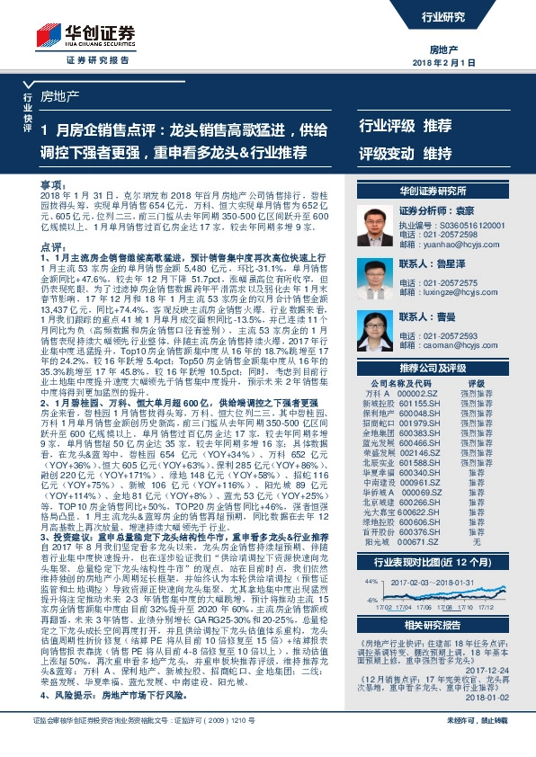 1月房企销售点评：龙头销售高歌猛进，供给调控下强者更强，重申看多龙头&行业推荐