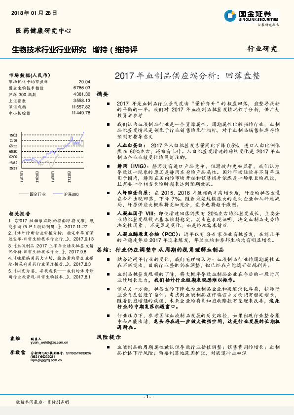 生物技术行业行业研究：2017年血制品供应端分析：回落盘整