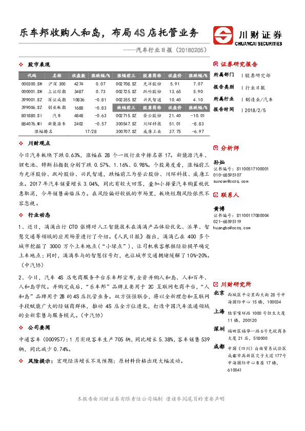 汽车行业日报：乐车邦收购人和岛，布局4S店托管业务