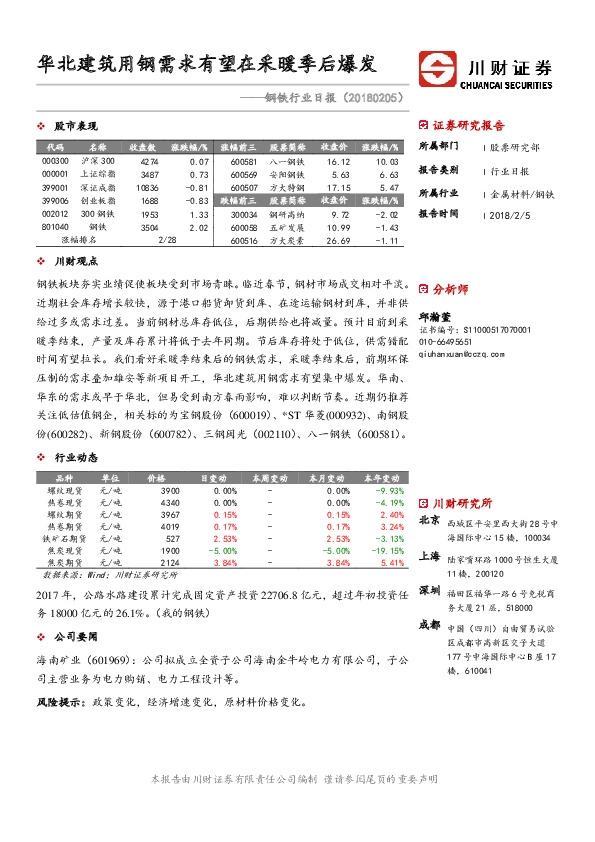 钢铁行业日报：华北建筑用钢需求有望在采暖季后爆发