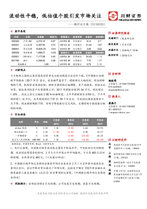 银行业日报：流动性平稳，低估值个股引发市场关注