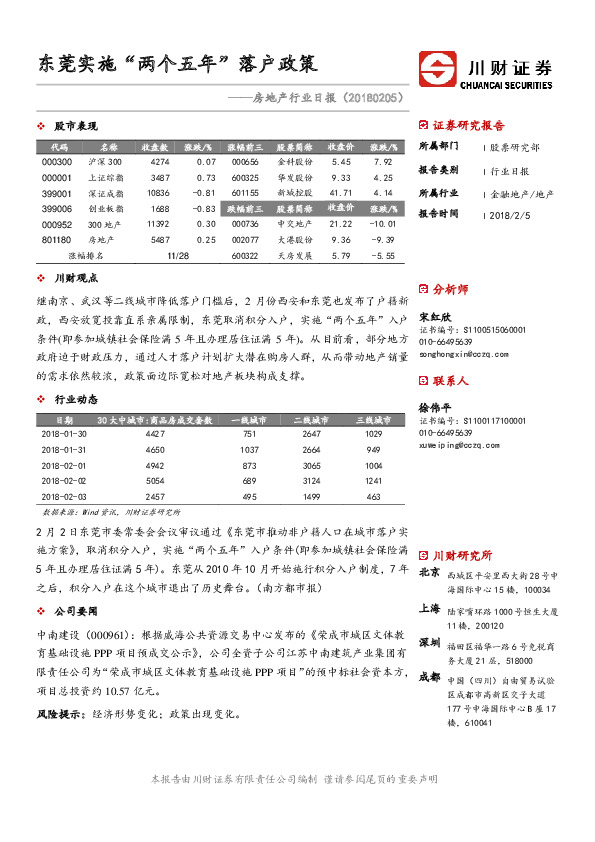 房地产行业日报：东莞实施“两个五年”落户政策