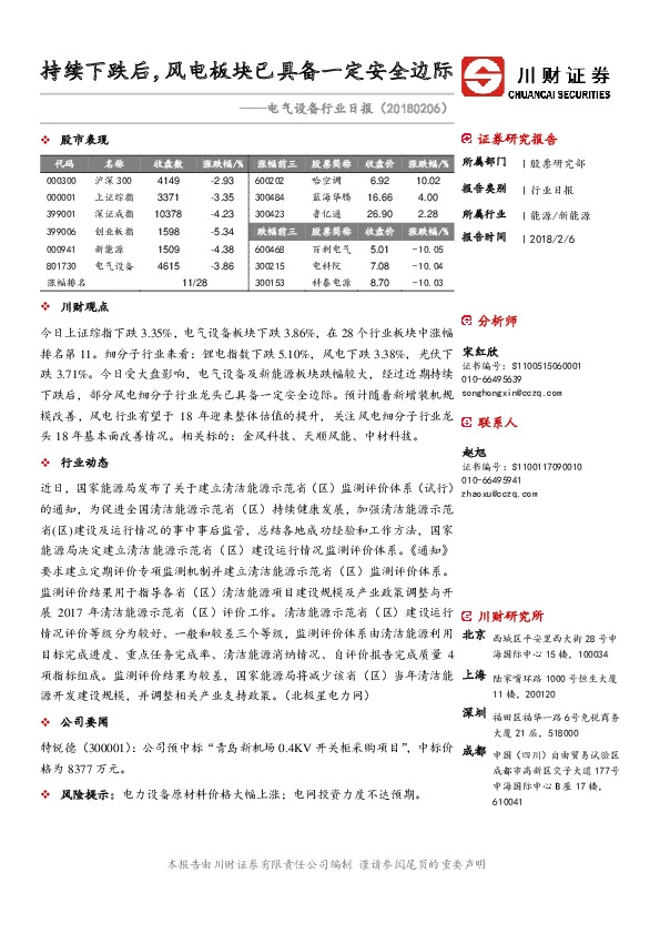 电气设备行业日报：持续下跌后，风电板块已具备一定安全边际