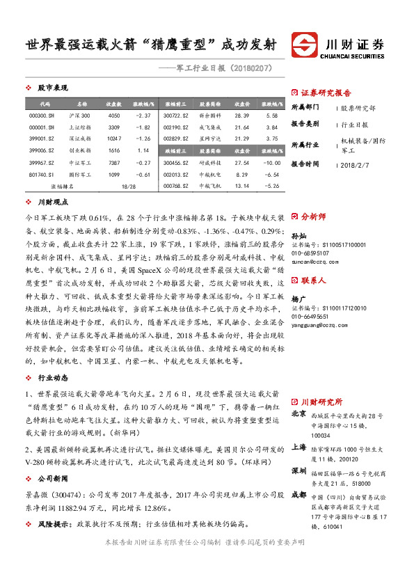 军工行业日报：世界最强运载火箭“猎鹰重型”成功发射