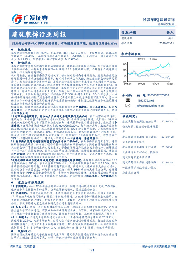建筑装饰行业周报：财政部公布第四批PPP示范项目，市场预期有望回暖，近期关注高分红标的