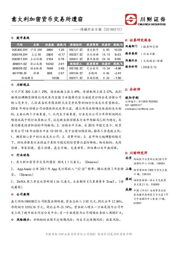传媒行业日报：意大利加密货币交易所遭窃