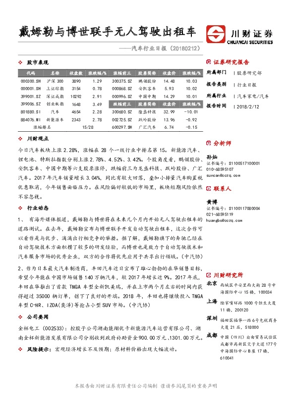 汽车行业日报：戴姆勒与博世联手无人驾驶出租车