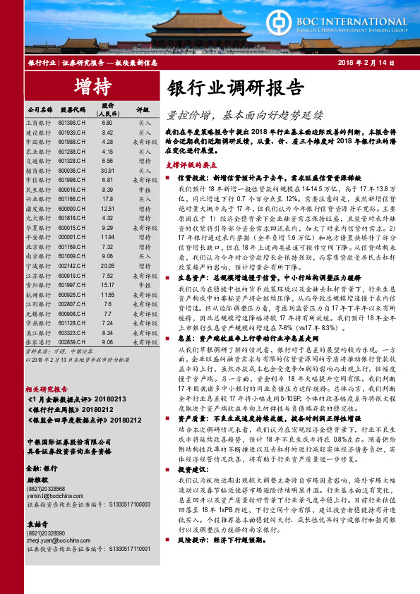 银行业调研报告：量控价增，基本面向好趋势延续