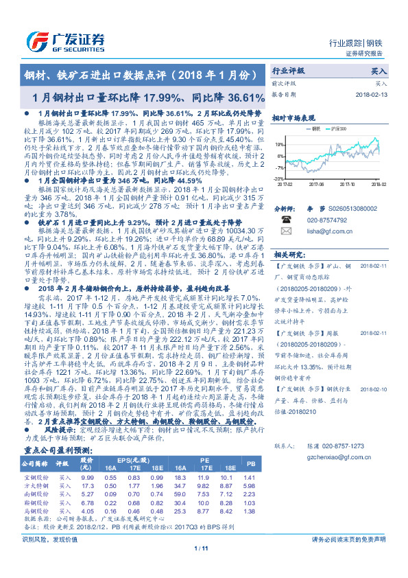 钢材、铁矿石进出口数据点评（2018年1月份）：1月钢材出口量环比降17.99%、同比降36.61%