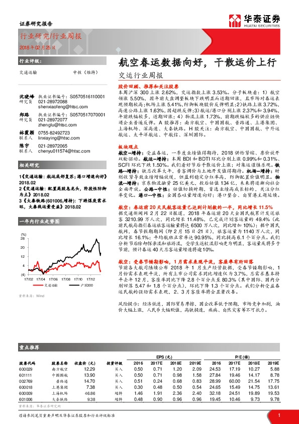 交运行业周报：航空春运数据向好，干散运价上行