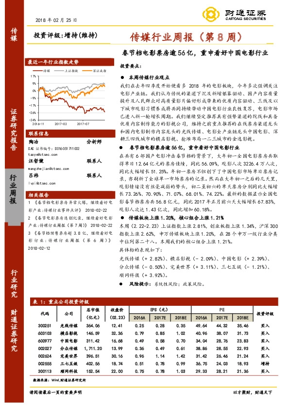 传媒行业周报（第8周）：春节档电影票房逾56亿，重申看好中国电影行业