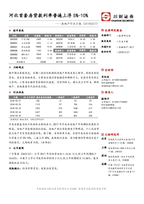 房地产行业日报：河北首套房贷款利率普遍上浮5%-10%