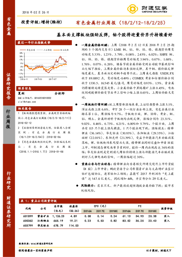 有色金属行业周报：基本面支撑板块强劲反弹，钴个股将迎量价齐升持续看好
