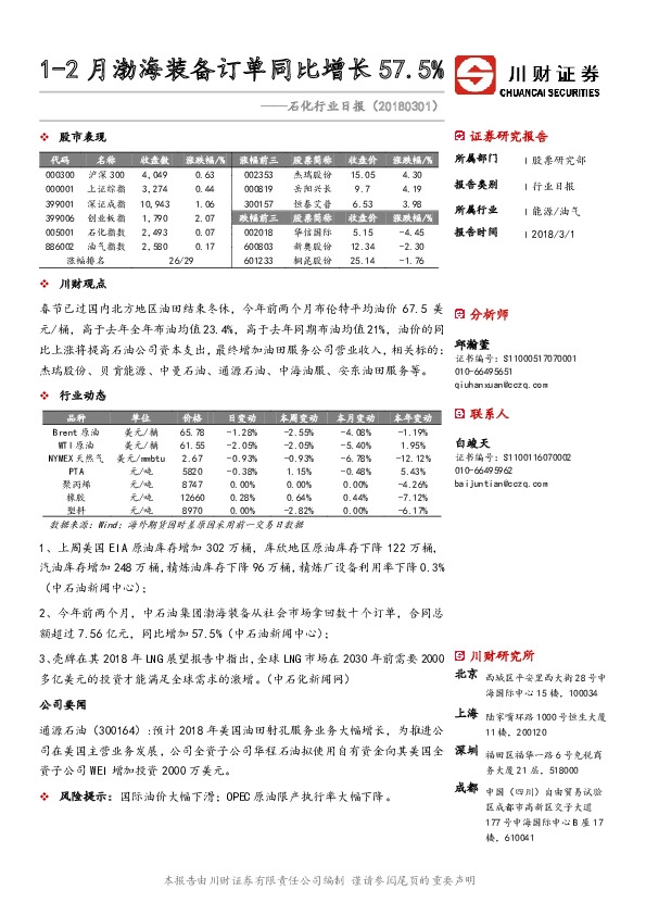 石化行业日报：1-2月渤海装备订单同比增长57.5%