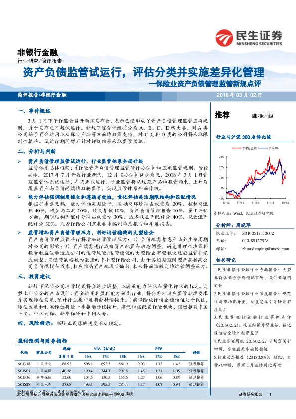 保险业资产负债管理监管新规点评：资产负债监管试运行，评估分类并实施差异化管理