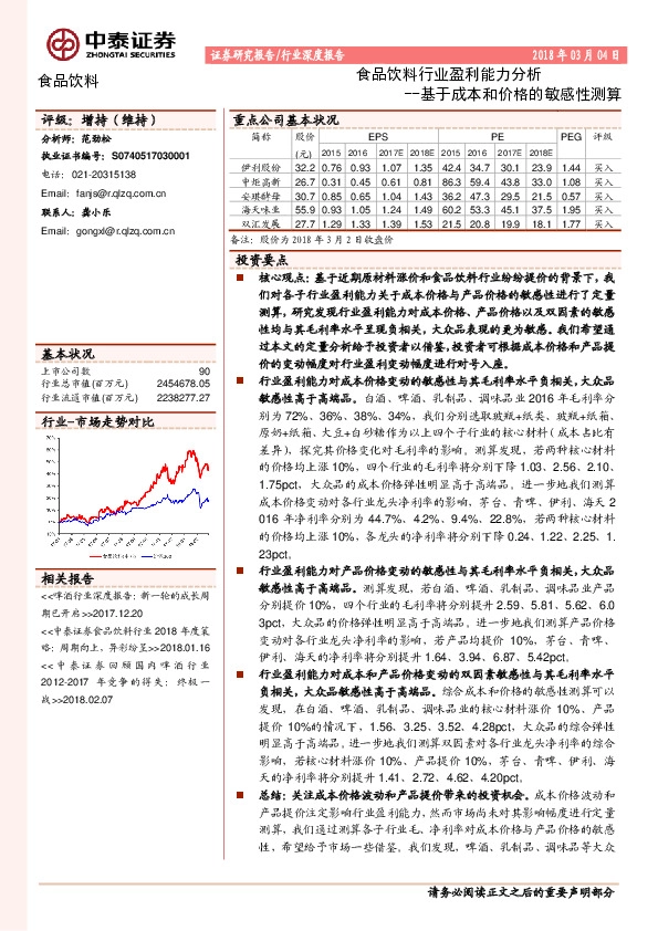 食品饮料行业盈利能力分析：基于成本和价格的敏感性测算