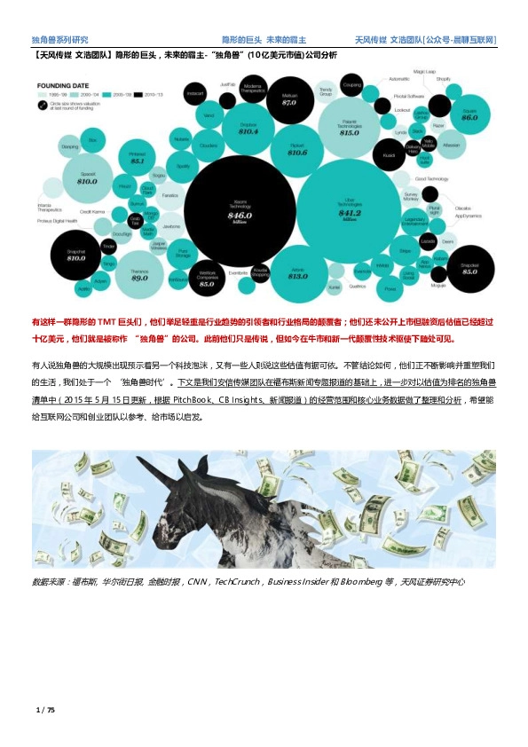 隐形的巨头，未来的霸主-“独角兽” （10亿美元市值）公司分析