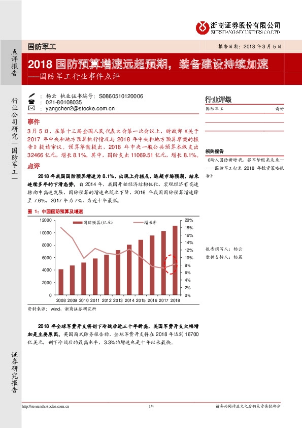 国防军工行业事件点评：2018国防预算增速远超预期，装备建设持续加速