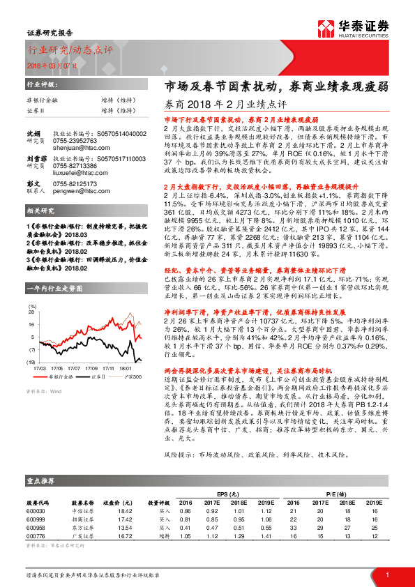 券商2018年2月业绩点评：市场及春节因素扰动，券商业绩表现疲弱