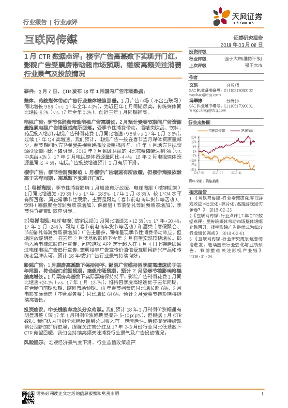 互联网传媒行业点评：1月CTR数据点评：楼宇广告高基数下实现开门红，影院广告受票房带动超市场预期，继续高频关注消费行业景气及投放情况