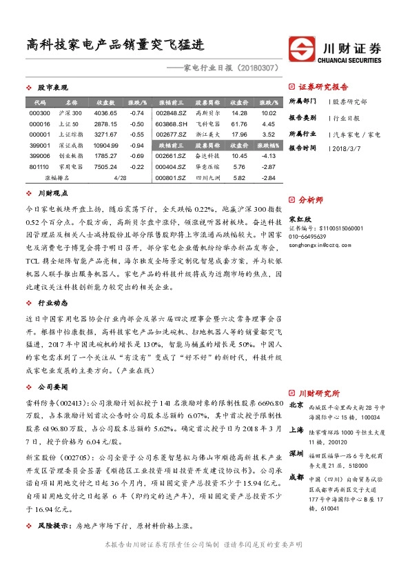 家电行业日报：高科技家电产品销量突飞猛进