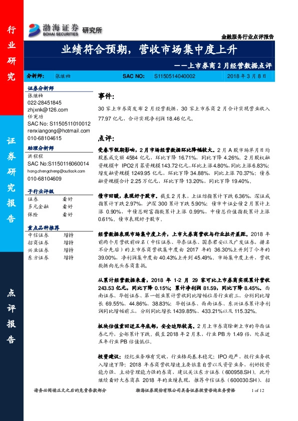 上市券商2月经营数据点评：业绩符合预期，营收市场集中度上升
