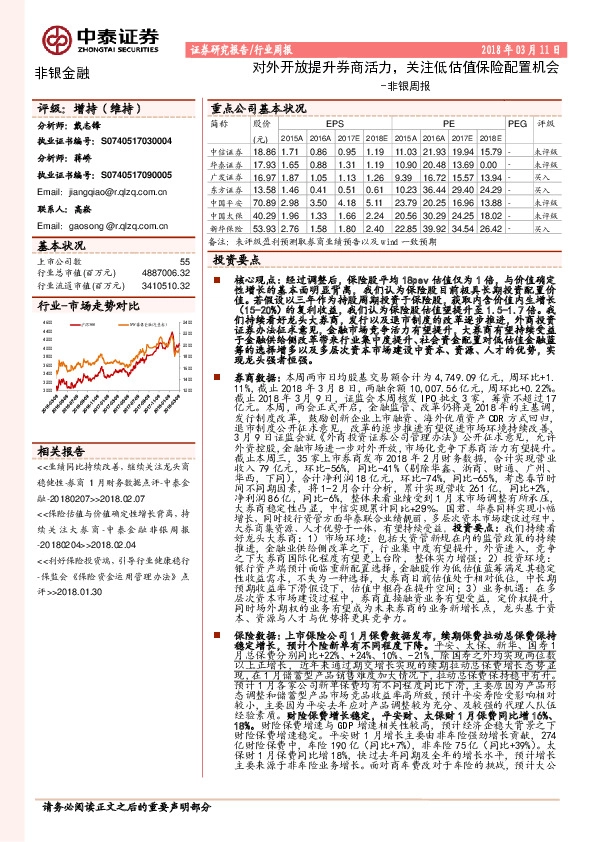 非银周报：对外开放提升券商活力，关注低估值保险配置机会