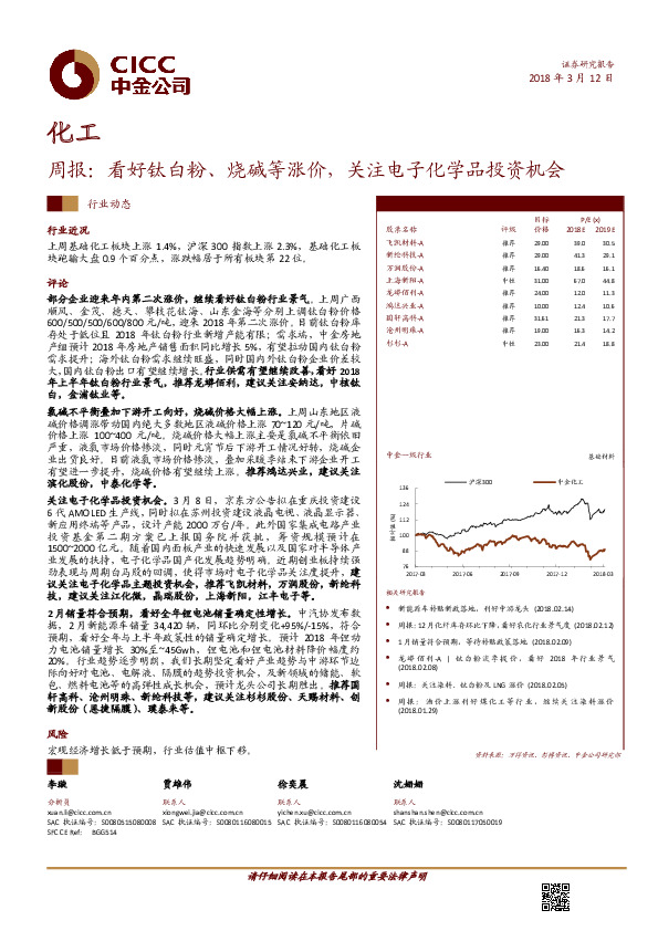 化工行业周报：看好钛白粉、烧碱等涨价，关注电子化学品投资机会