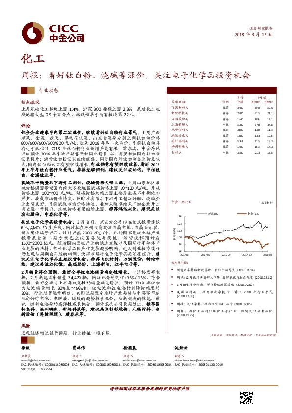 化工行业周报：看好钛白粉、烧碱等涨价，关注电子化学品投资机会